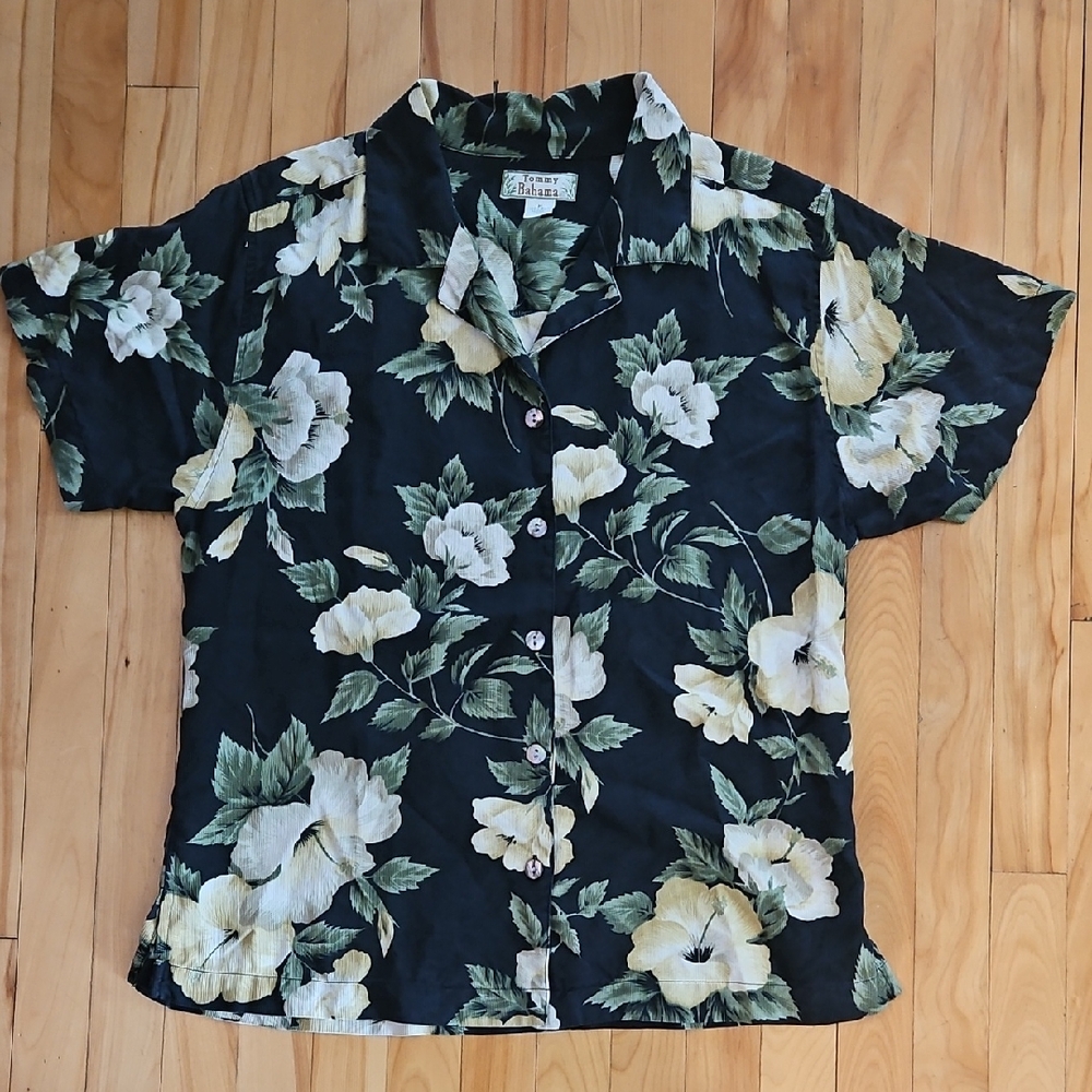 Tommy Bahama Black and Cream Floral Button Down Shirt